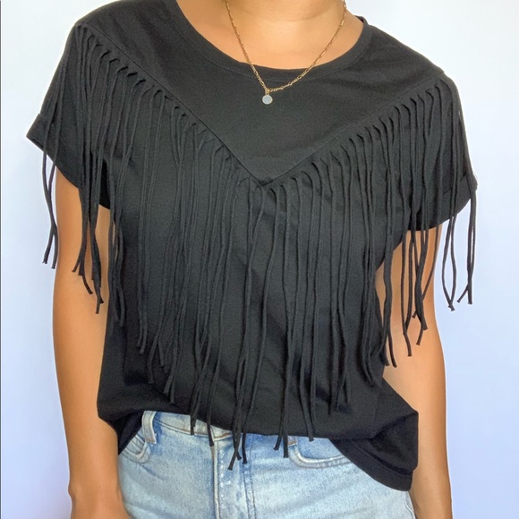 Tops - Black fringe t-shirt with cuffed rolled up sleeves